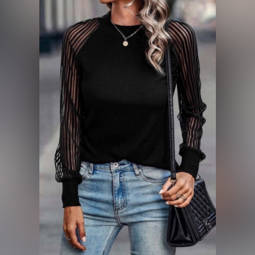 NEW Black Ribbed Top With Striped Mesh Long Sleeves